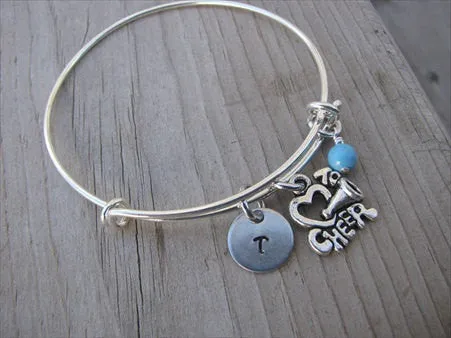 Cheer Charm Bracelet -Adjustable Bangle Bracelet with an Initial Charm and an Accent Bead of your choice