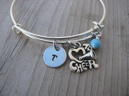Cheer Charm Bracelet -Adjustable Bangle Bracelet with an Initial Charm and an Accent Bead of your choice