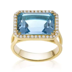 Color Collection 14KT YG Blue Topaz & Diamonds Round Cocktail Ring