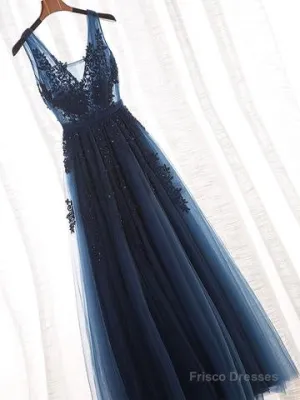 Glamorous Navy Blue Lace Tulle V Neck See Through Prom Dress
