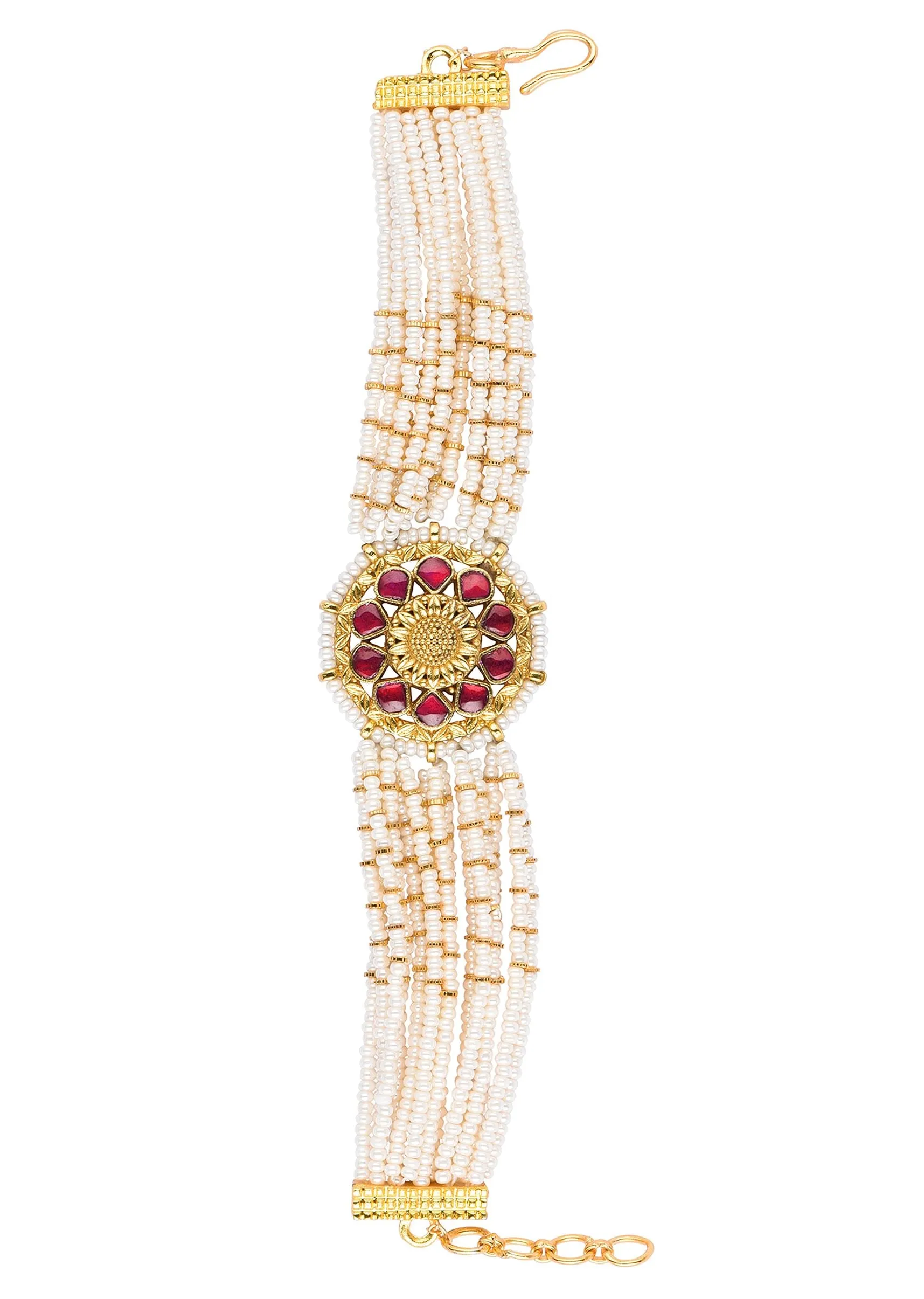 Gold Finish Kundan Bracelet With Ruby Stone And Pearl In Mix Metal