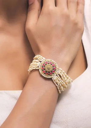 Gold Finish Kundan Bracelet With Ruby Stone And Pearl In Mix Metal