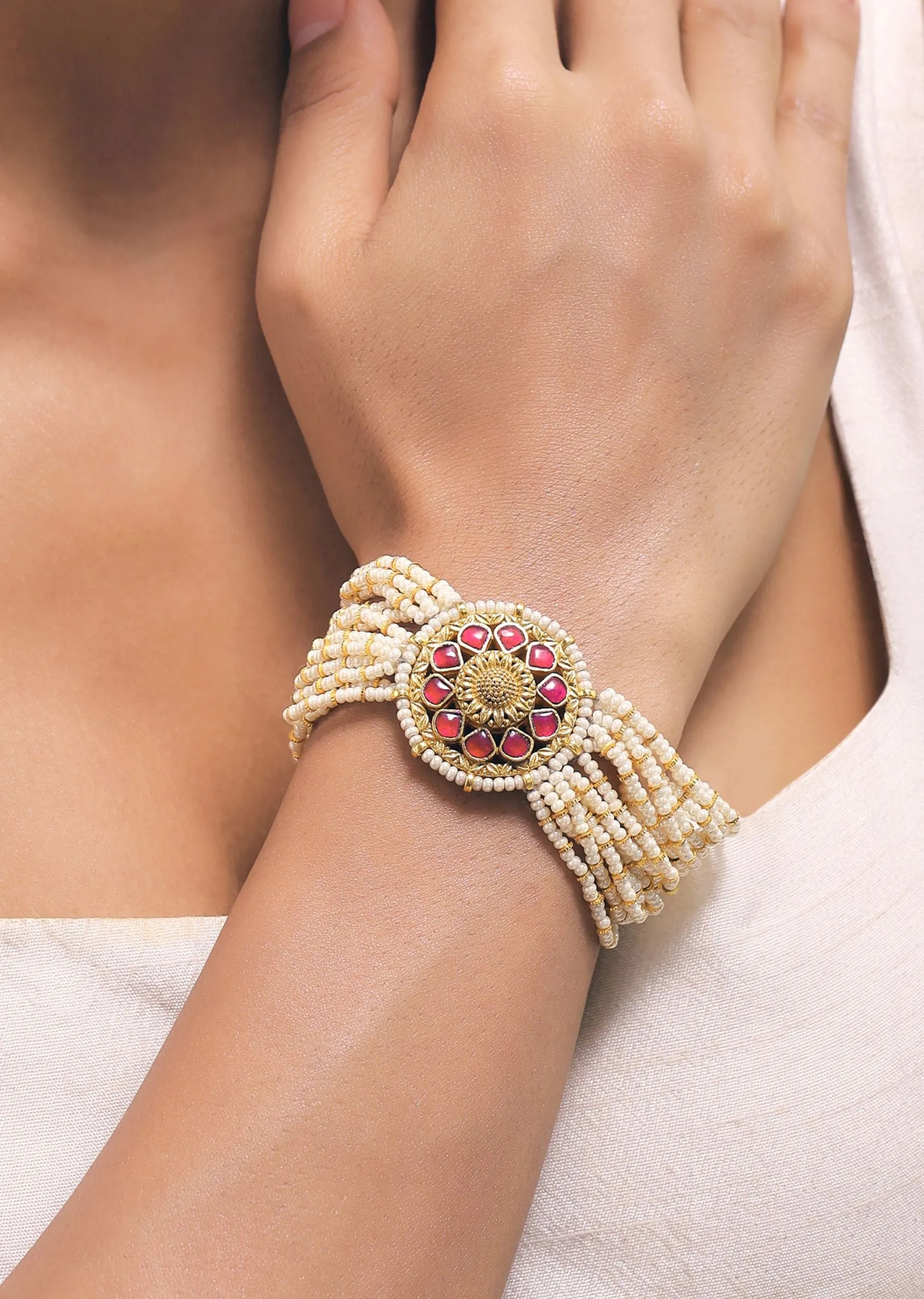 Gold Finish Kundan Bracelet With Ruby Stone And Pearl In Mix Metal