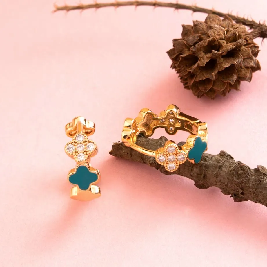 Gold Plated Floral Designed Enamel and CZ American Diamond Bali Hoops Earring