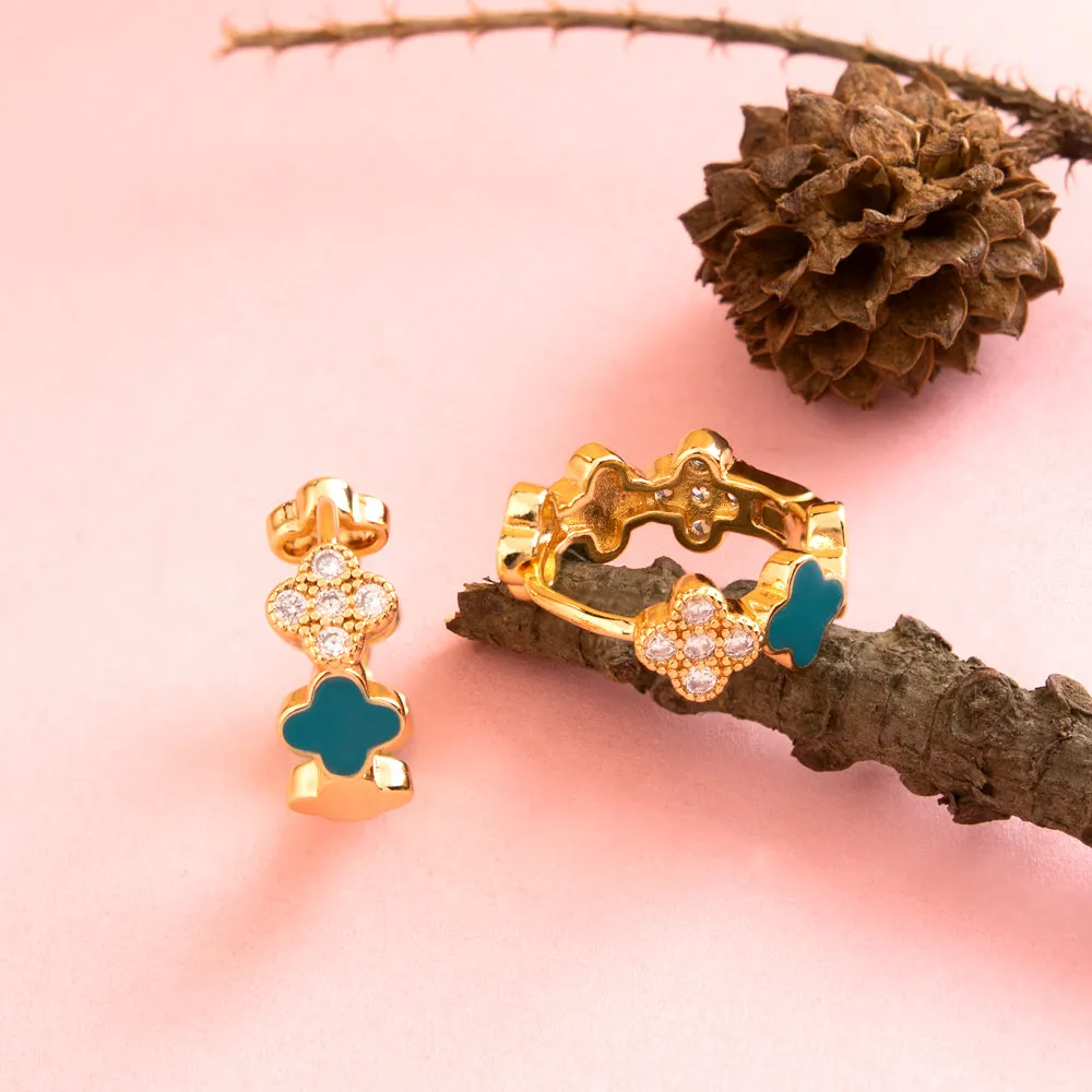 Gold Plated Floral Designed Enamel and CZ American Diamond Bali Hoops Earring