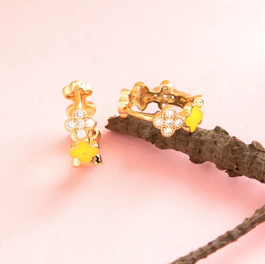 Gold Plated Floral Designed Enamel and CZ American Diamond Bali Hoops Earring