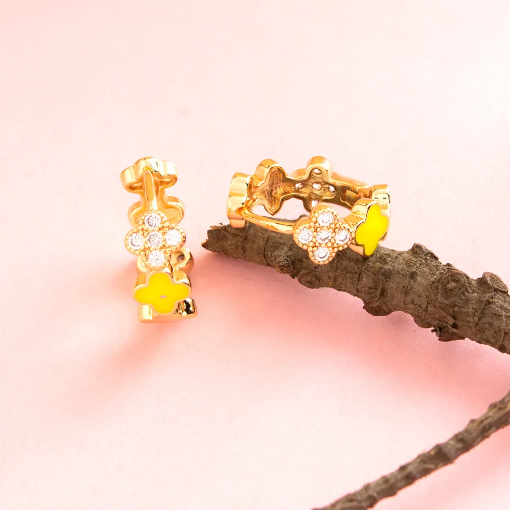 Gold Plated Floral Designed Enamel and CZ American Diamond Bali Hoops Earring