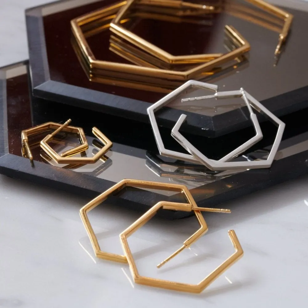 Oversized Hexagon Hoop Earrings - Silver - HXE22S