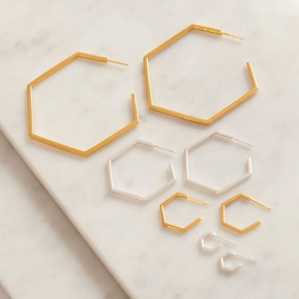 Oversized Hexagon Hoop Earrings - Silver - HXE22S