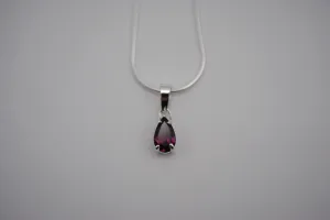 Rhodolite Garnet Necklace: Pear Cut, Silver Setting, Snake Chain