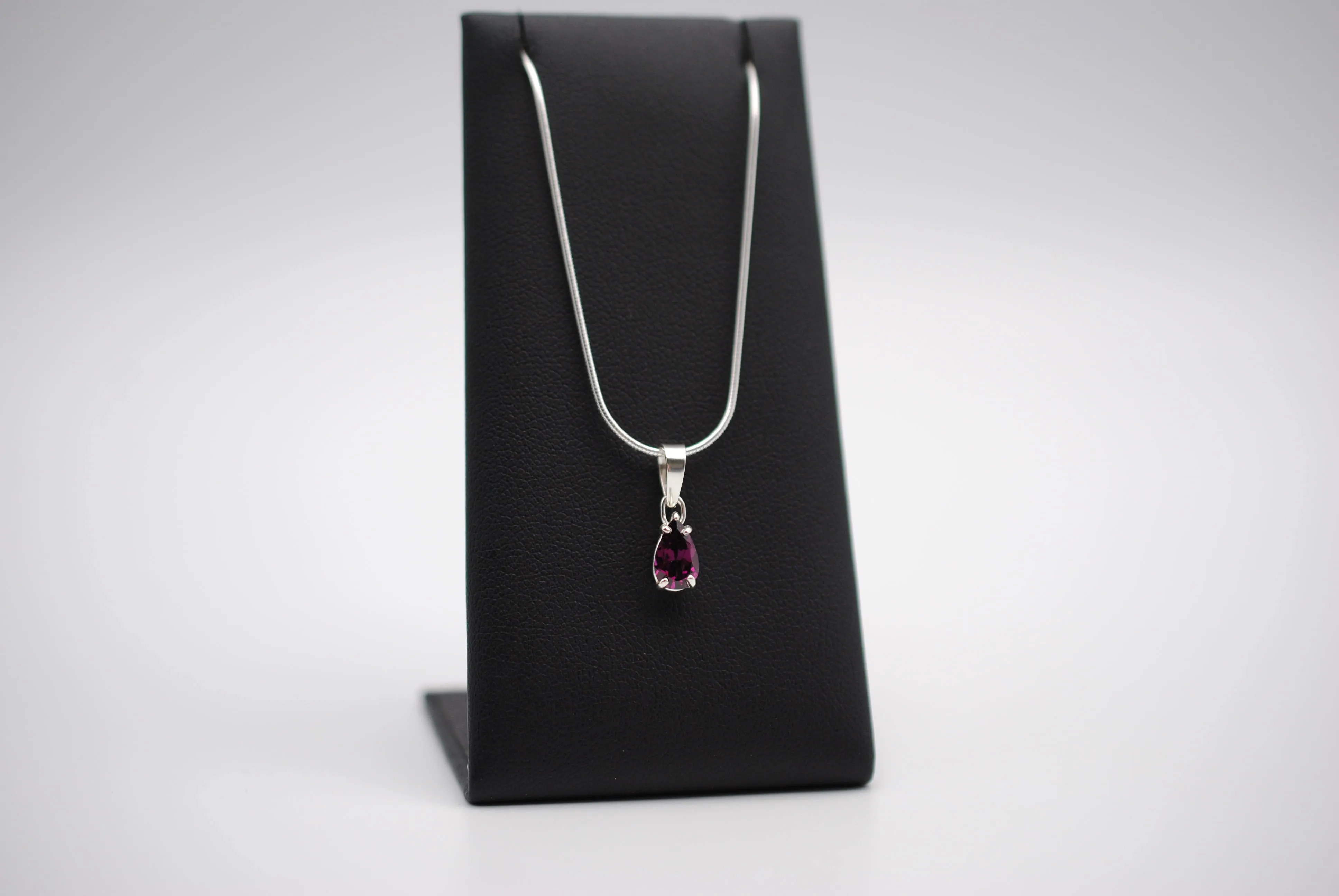 Rhodolite Garnet Necklace: Pear Cut, Silver Setting, Snake Chain