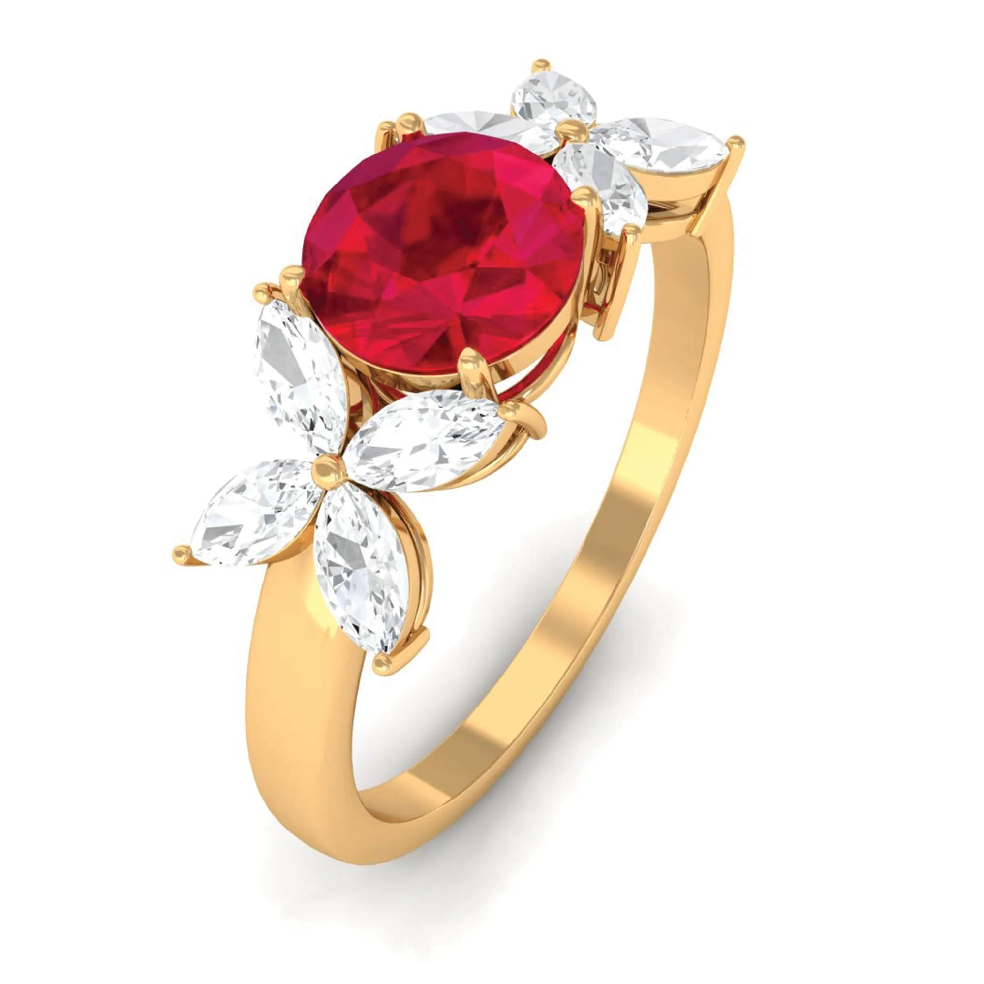 Round Created Ruby Floral Engagement Ring with Moissanite Accent