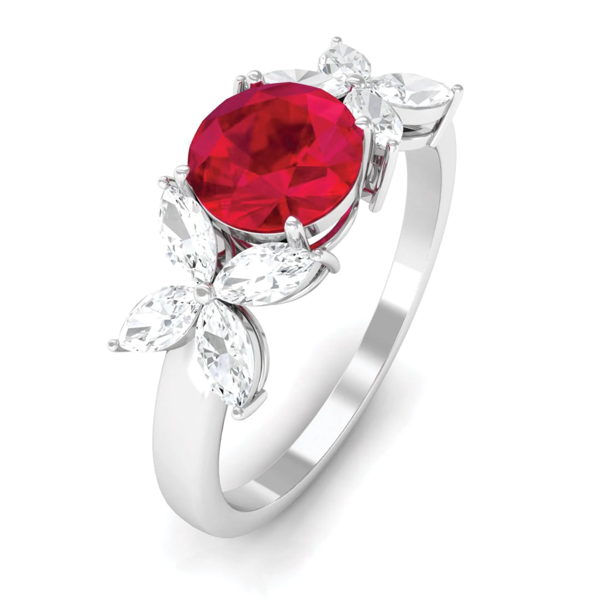 Round Created Ruby Floral Engagement Ring with Moissanite Accent