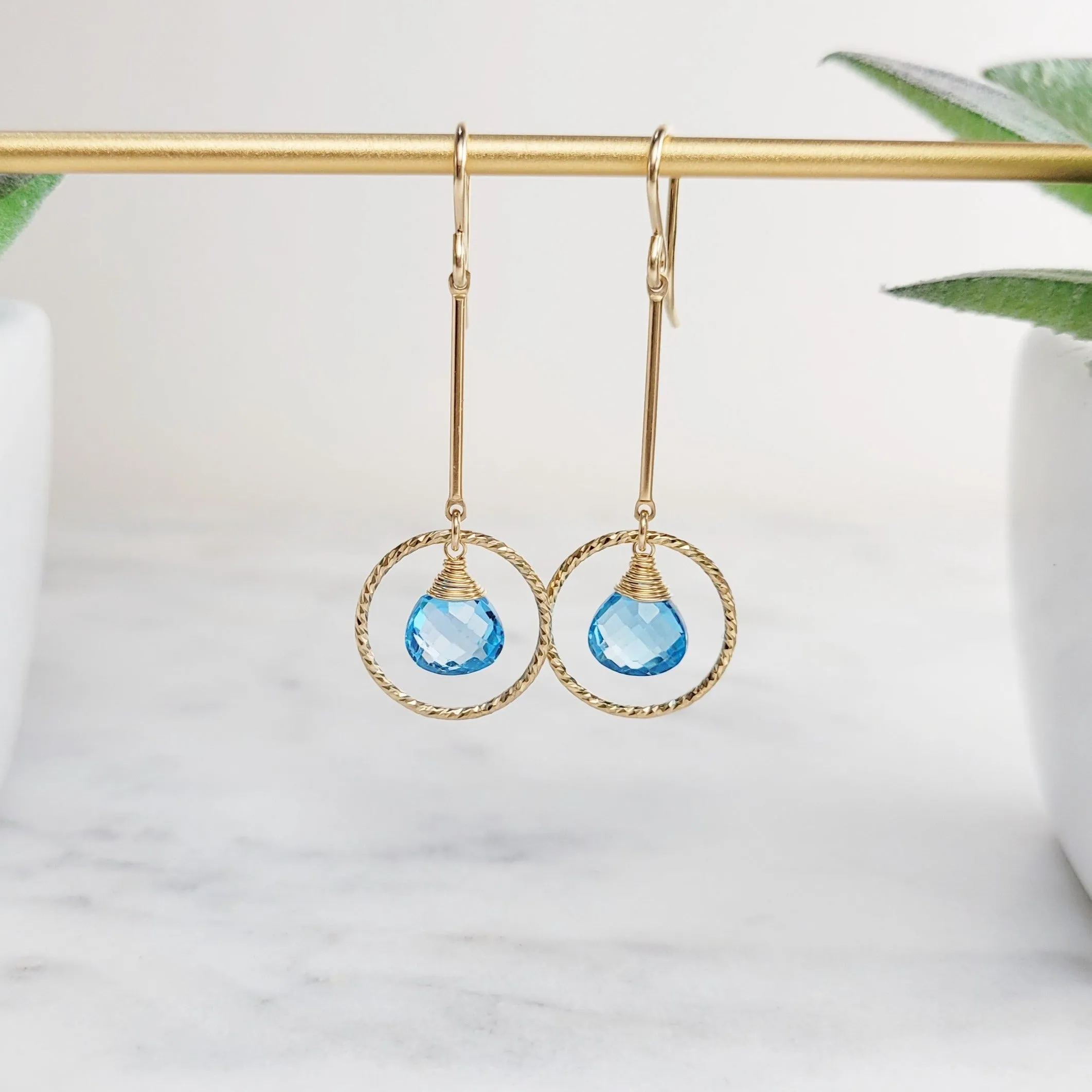 Swiss Blue Topaz Long Dangle Earrings